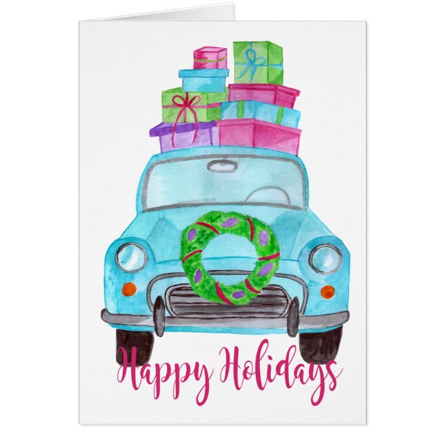 Happy Holidays Classic Car Watercolor (Front)