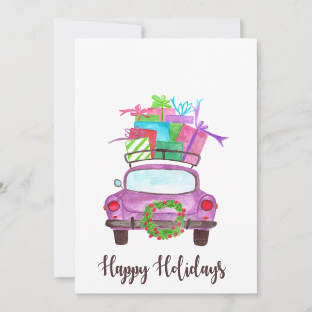 Happy Holidays  Classic Car Watercolor Invitation (Front)