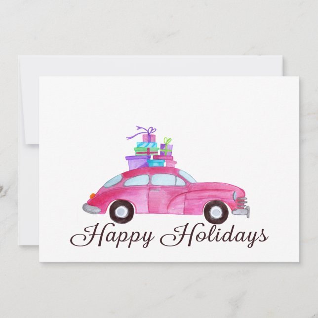 Happy Holidays  Classic Car Watercolor Invitation (Front)