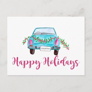 Happy Holidays Classic Car Watercolor Postcard