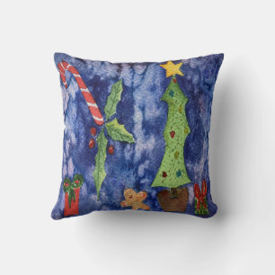 Happy Holidays Classic Christmas Icons Watercolor Throw Pillow