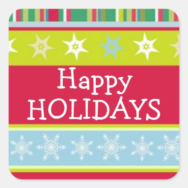 Happy Holidays colorful square christmas stickers (Front)