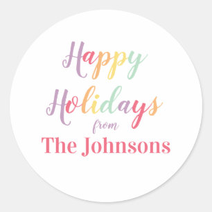 Happy Holidays Colourful Family Name Classic Round Sticker