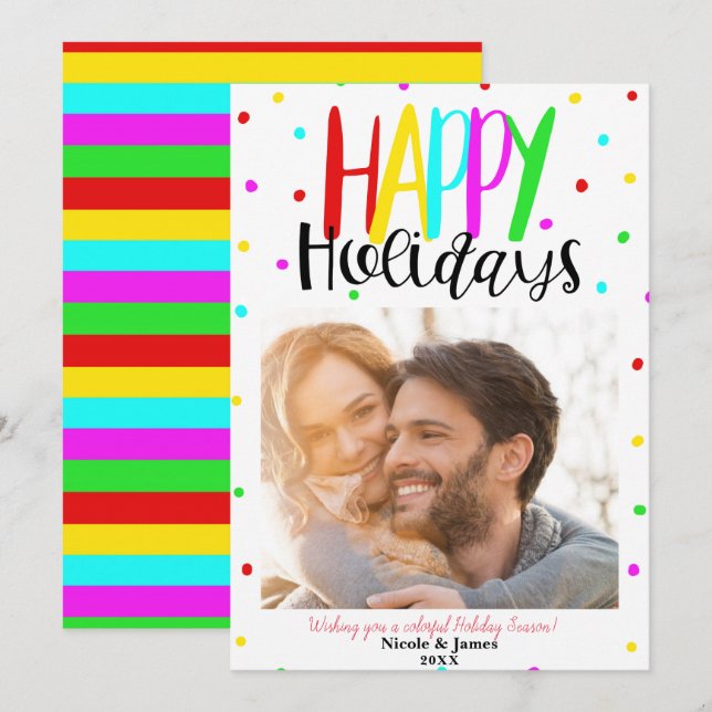 Happy Holidays Colourful Holiday Dots Photo Invitation (Front/Back)