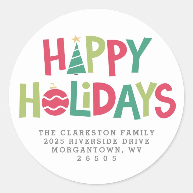 Happy holidays colourful illustrated return addres classic round sticker (Front)