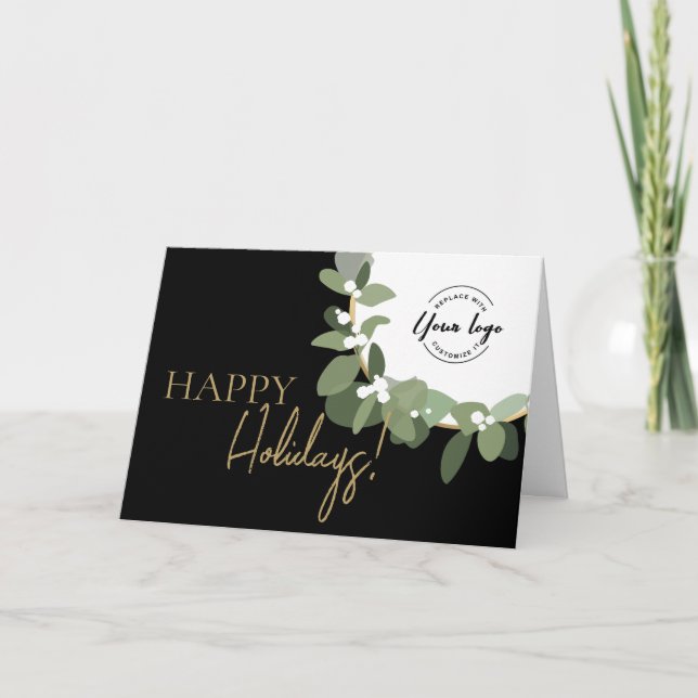 Happy Holidays Company Logo Gold black Custom Holiday Card (Front)