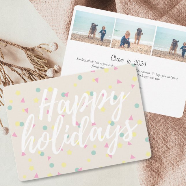 Happy Holidays Confetti Script Cream 3 Photo  Holiday Card (Happy Holidays Colorful Confetti Family Photo Collage Holiday Card)