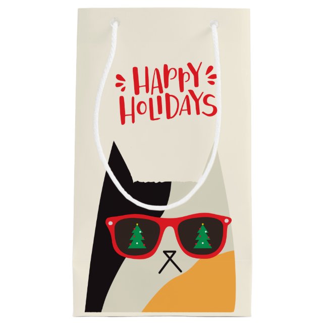Happy Holidays! Cool Santa Cat Cartoon - Christmas Small Gift Bag (Front)