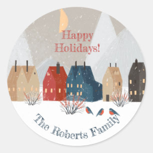 Happy Holidays Country Village Winter Scene   Classic Round Sticker
