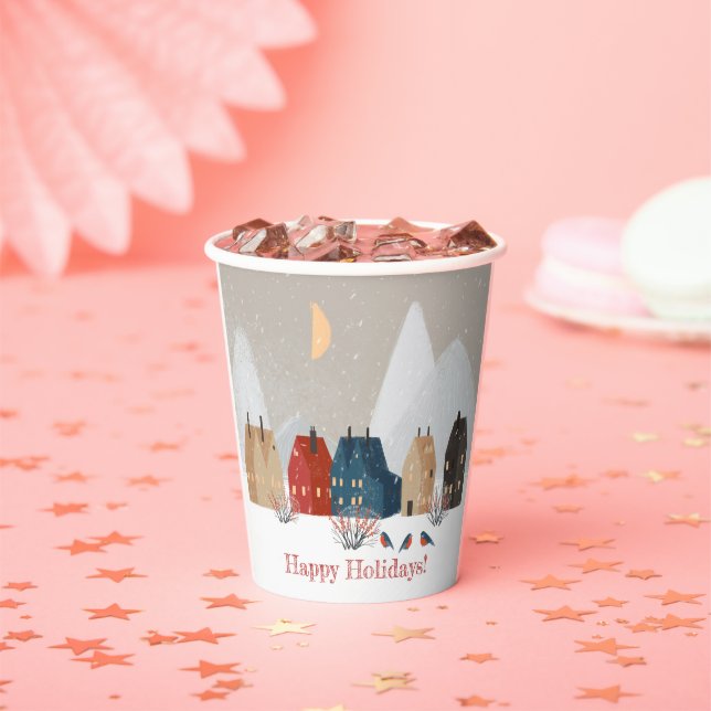 Happy Holidays Country Village Winter Scene   Paper Cups (Insitu)