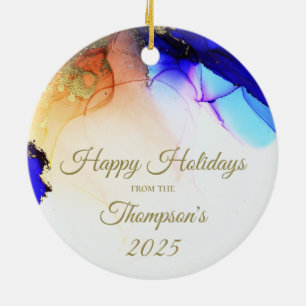 Happy Holidays Custom Blue Gold Ceramic Ornament
