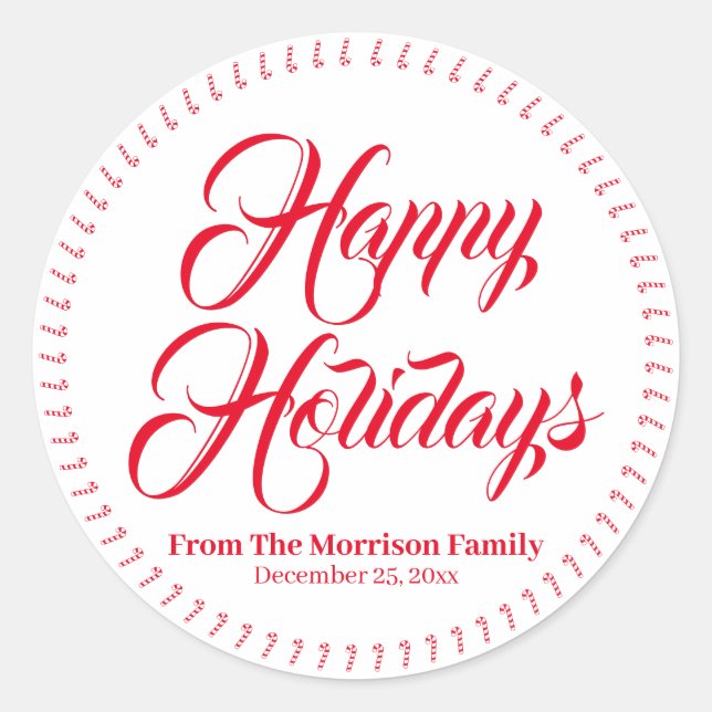Happy Holidays, custom name candy cane gift favour Classic Round Sticker (Front)