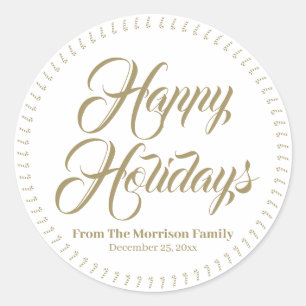 Happy Holidays custom name candy cane gift favour  Classic Round Sticker