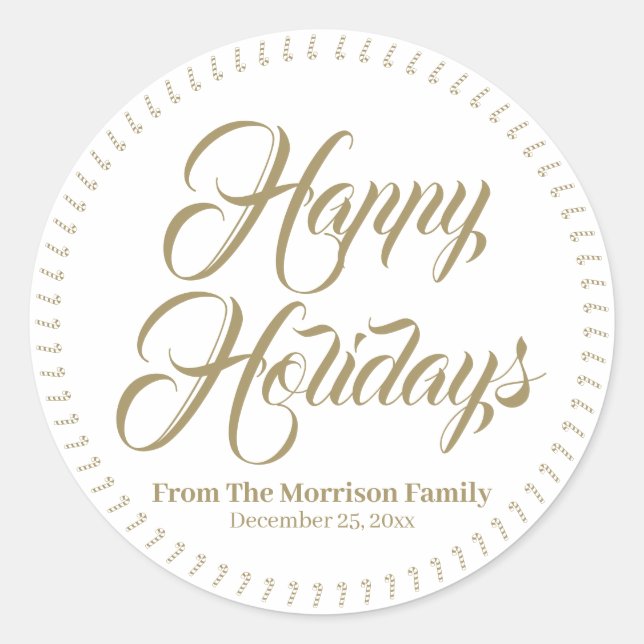 Happy Holidays custom name candy cane gift favour  Classic Round Sticker (Front)