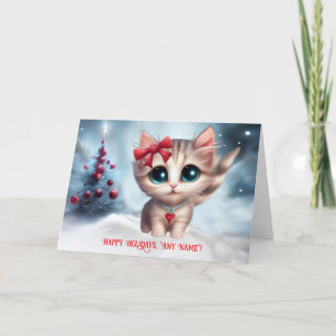 Happy Holidays Custom Name Cute Kitten and Tree Card