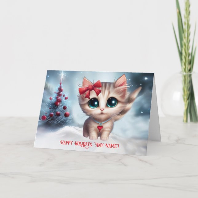 Happy Holidays Custom Name Cute Kitten and Tree Card (Front)