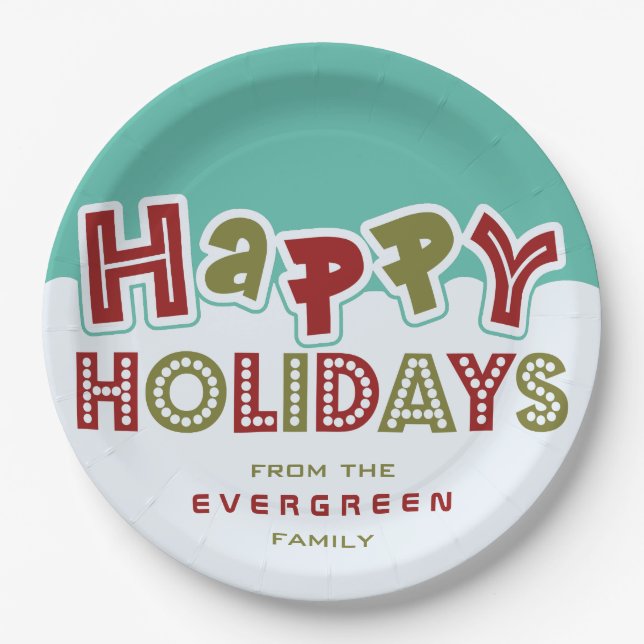 Happy Holidays custom name paper plates (Front)