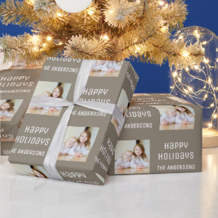 Happy Holidays Custom Photo Christmas Taupe Wrapping Paper