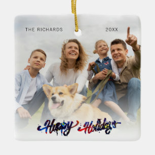 Happy Holidays Custom Photo Green Christmas Ceramic Ornament