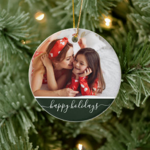 Happy Holidays Custom Photo Modern Green Monogram Ceramic Ornament