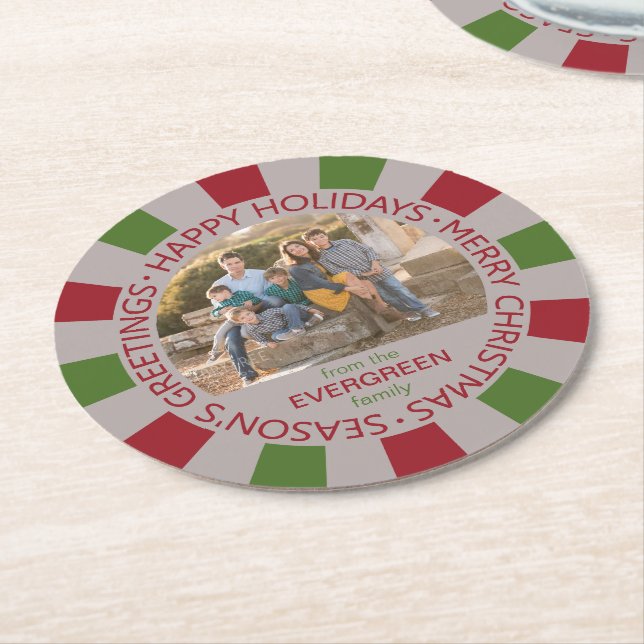 Happy Holidays custom photo & name coasters (Angled)