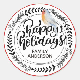 HAPPY HOLIDAYS CUSTOM Winter / Christmas Robin Classic Round Sticker