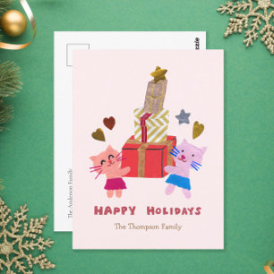 Happy Holidays Cute Cats with Gifts Soft Pink  Holiday Postcard