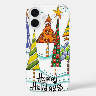 Happy Holidays! Cute Christmas Trees with Stars iPhone 16 Case