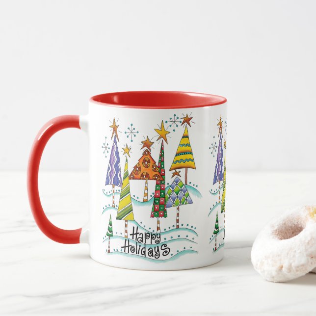 Happy Holidays! Cute Christmas Trees with Stars Mug (With Donut)