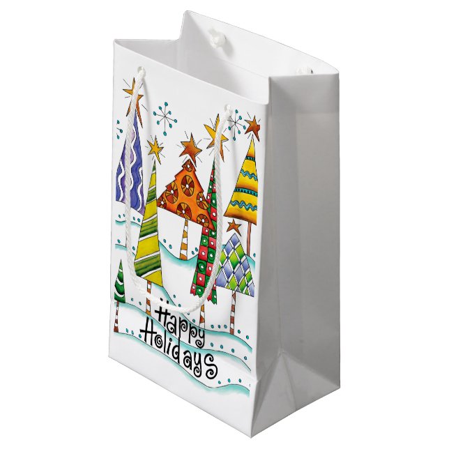 Happy Holidays! Cute Christmas Trees with Stars Small Gift Bag (Front Angled)