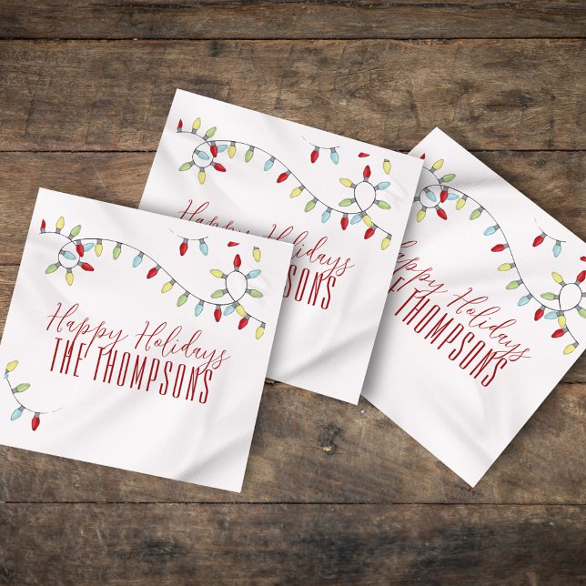 Happy Holidays Cute Colourful String Lights   Napkin (Happy Holidays custom whimsical colorful string lights paper napkin. )