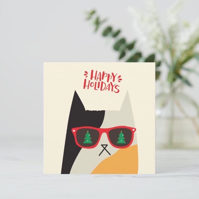 Happy Holidays - Cute & Cool Santa Cat Cartoon Holiday Card (Standing Front)