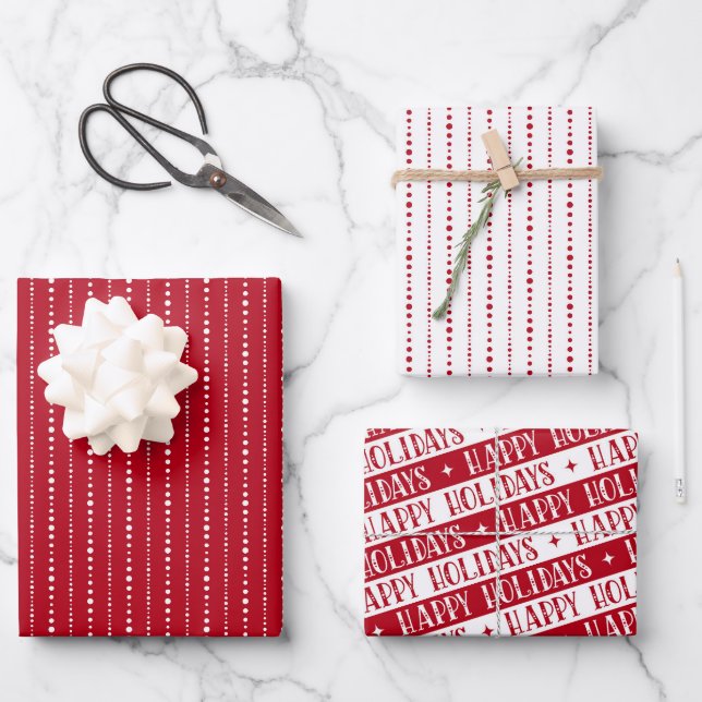 Happy Holidays cute dot stripes red white Wrapping Paper Sheet (Front)