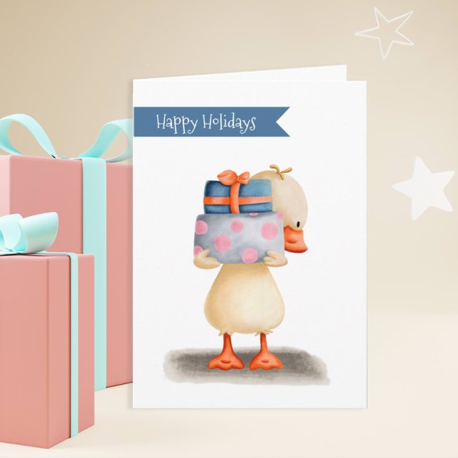 Happy Holidays Cute Duck holding Gifts Card (Creator Uploaded)