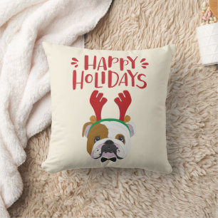 Happy Holidays - Cute English Bulldog - Christmas Throw Pillow