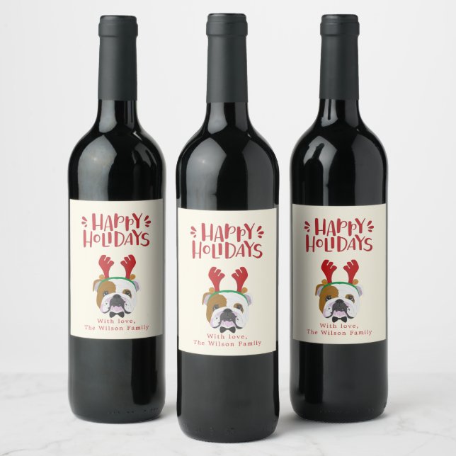 Happy Holidays - Cute English Bulldog Christmas  Wine Label (Bottles)