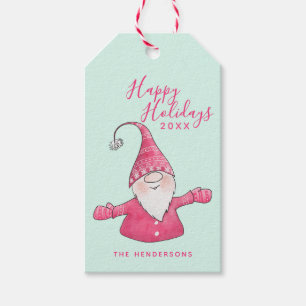 Happy Holidays Cute Gnome Mint and Pink Christmas Gift Tags