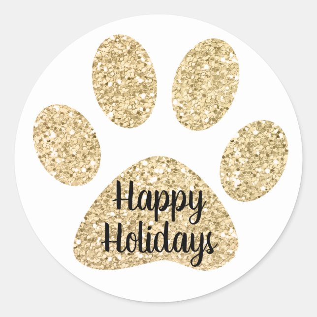 Happy Holidays Cute Gold Glitter Paw Print Classic Round Sticker (Front)