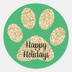 Happy Holidays Cute Gold Glitter Paw Print Green Classic Round Sticker