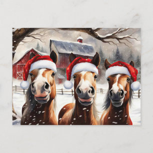 Happy Holidays Cute Horses Santa Hat Holiday Postcard