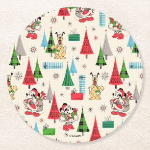 Happy Holidays   Cute Mickey Plaid Pattern Round Paper Coaster