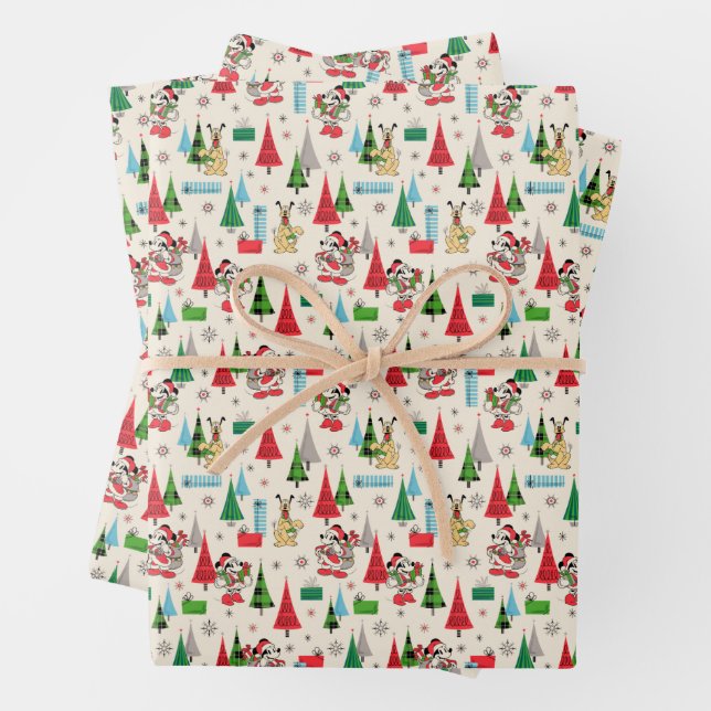 Happy Holidays | Cute Mickey Plaid Pattern Wrapping Paper Sheet (In situ)