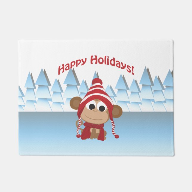 Happy Holidays! Cute Monkey Doormat (Front)