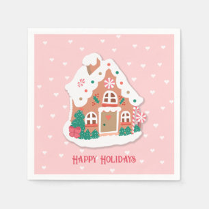 Happy Holidays Cute Pink Snowy Gingerbread House Napkin