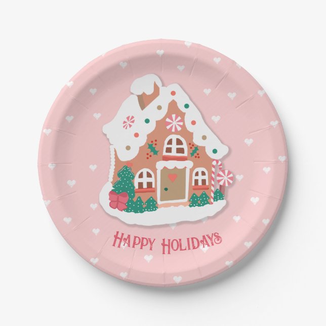Happy Holidays Cute Pink Snowy Gingerbread House Paper Plate (Front)