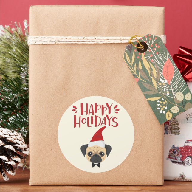 Happy Holidays - Cute Pug Christmas Classic Round Sticker (Holiday)