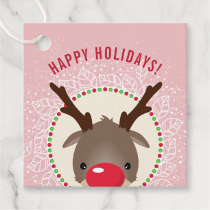HAPPY HOLIDAYS cute red nose reindeer rudolph Favour Tags