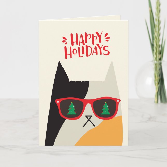 Happy Holidays! Cute Santa Cat Cartoon - Christmas Holiday Card (Front)