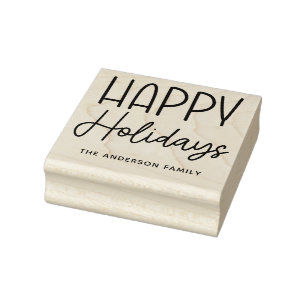 Happy Holidays Cute Script Family Name Christmas Rubber Stamp