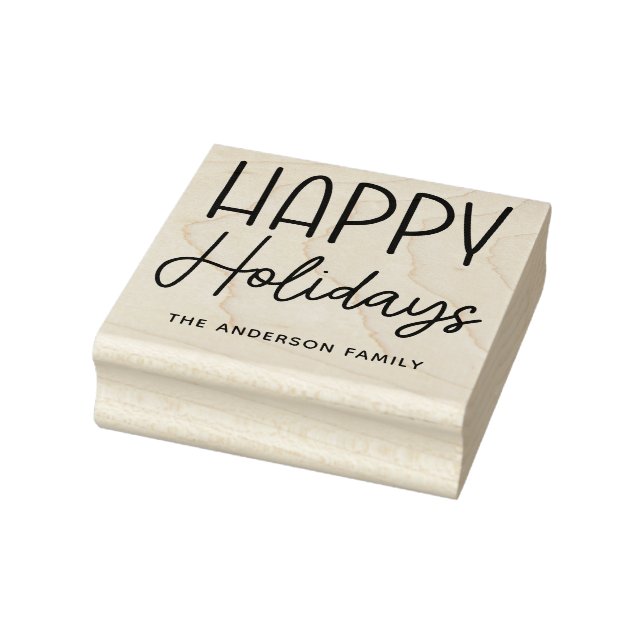 Happy Holidays Cute Script Family Name Christmas Rubber Stamp (Stamp)